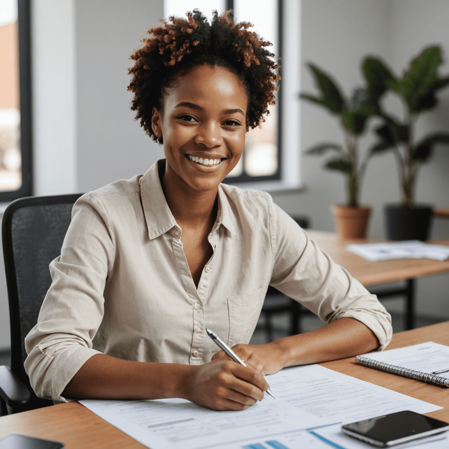 Young South African woman smiling at desk with financial documents, representing her success after completing a financial literacy course